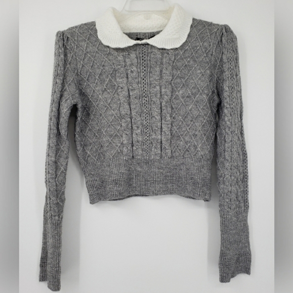 Miu Miu Gray Cropped Cable Knit Sweater Long Sleeve White Peter Pan Collar L - Picture 6 of 13